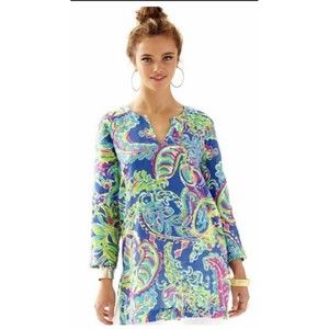 Lilly Pulitzer Tunic Top Size L Blue Linen Paisley 3/4 Sleeve V neck